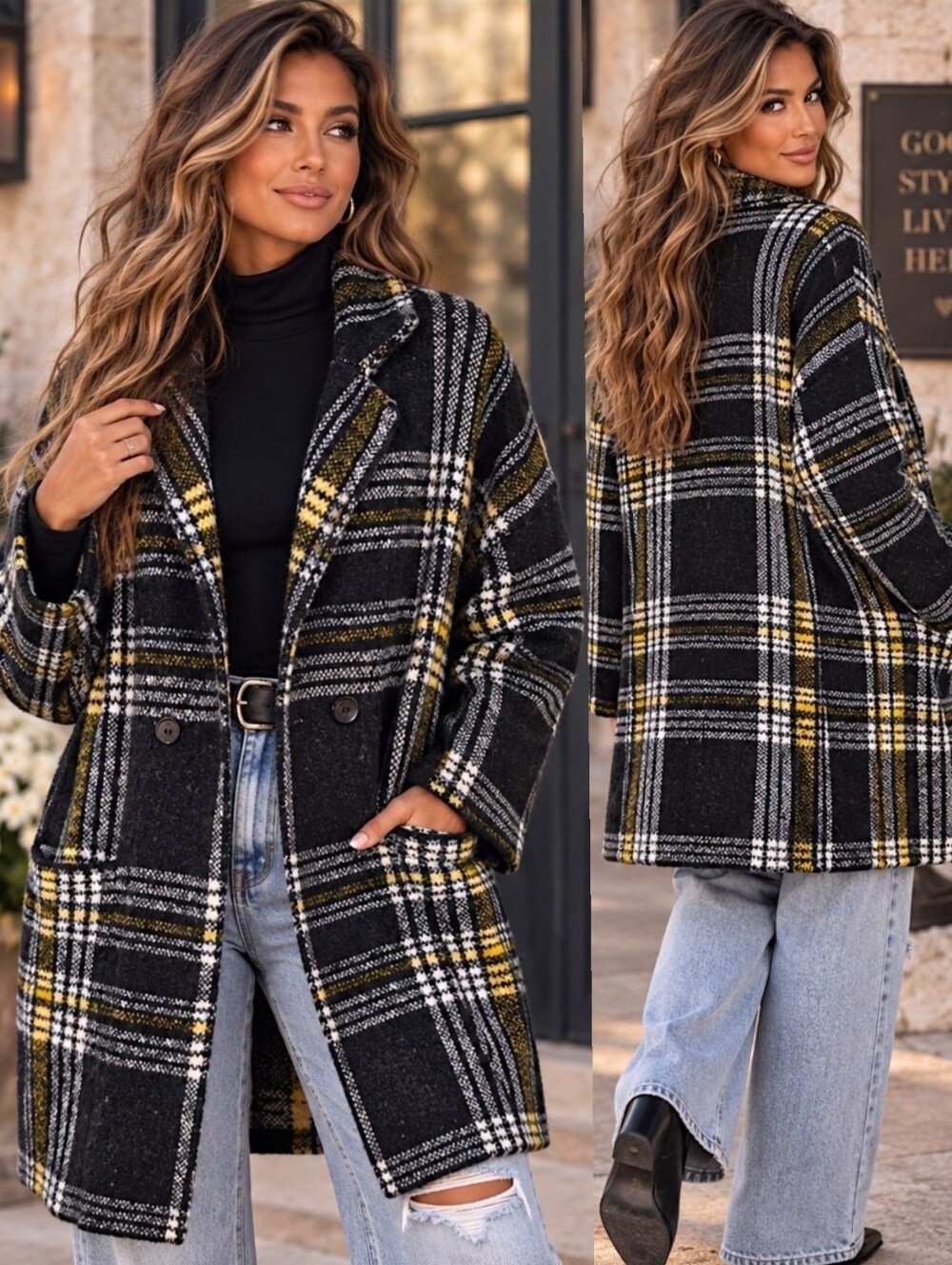 Coco Carmen XL Plaid Sweater Coat Academia Cardigan Black  Wool Blend Pockets
